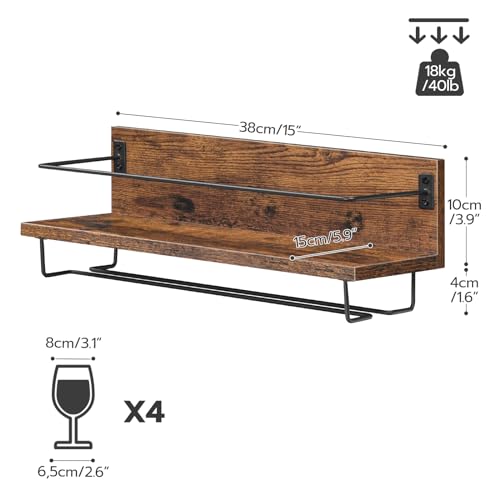 HOOBRO Wall Mounted Wine Rack, Wine Glass Rack Set of 2, Wine Shelf Hanging Floating Shelves, Wine Bottle Glass Rack Stemware Holder, for Living Room, Kitchen, Rustic Brown and Black EBF28BJ01 - Image 2