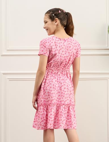 Image of Amazon Brand - Symbol Girl's Rayon Fit and Flare Kids Knee Length Printed Casual Dress (KD-DRG-SS25-123 Navy + Pink 8-10 Years)