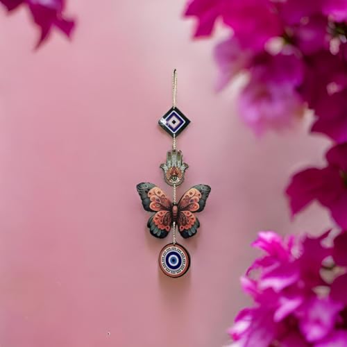 Image of Hamsa Hand Evil Eye Butterfly Wooden Wall Hanging for Home Decor | Hamsa Hand Decoration for Livingroom | Modern Artworks Items | Peace Charm Door Accent Decorative Hangings
