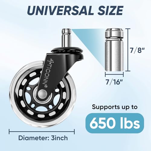 Image of TICONN Office Chair Caster Wheels Set of 5 for Tile, Hardwood Floors and Carpets, Universal Fit for Most Chairs (Transparent)