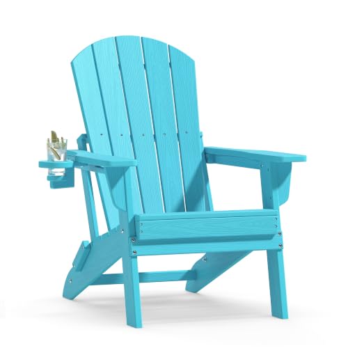 Image of Plawdlik Folding Adirondack Chair with Cup Holder,SGS Tested,Heavy All-Weather,Wooden Textured,HDPE Outdoor Chairs for Patio Backyard Fire Pit, Light Blue