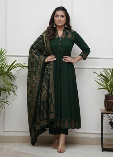 Image of GoSriKi Women's Rayon Viscose Anarkali Printed Kurta Pant with Dupatta | Anarkali Kurta Set for Women | Flared Kurti Pant Set | Ethnic Printed Suit for Women