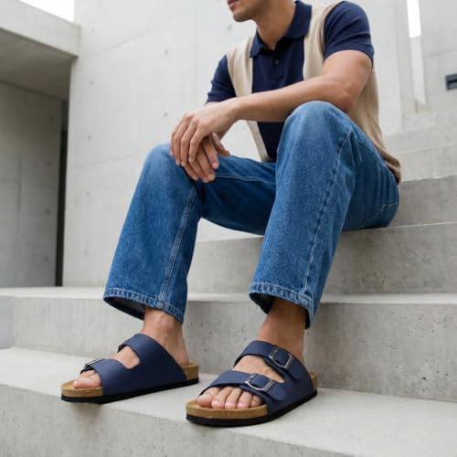 Image of CUSHIONAIRE Lane Cork Footbed Mens Sandals, Adjustable Buckle Comfort Slides for Men, Genuine Leather Insole Summer Sandals Men Footwear
