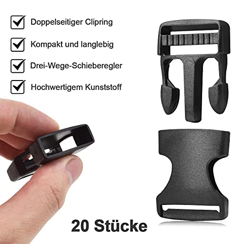 klickverschluss 20 Stück, Side Squeeze Buckle Ersatz steckschnalle, Plastikschnalle für Gurtband, 6 Größen zur Auswahl: 20mm