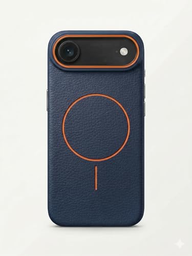 Image of amazon basics Luxury MagSafe Compatible Leather Texture Back Cover for iPhone 17 Air | Raised Camera Protection | Slim Fit Shockproof Case with Metallic Accents (Dark Blue)