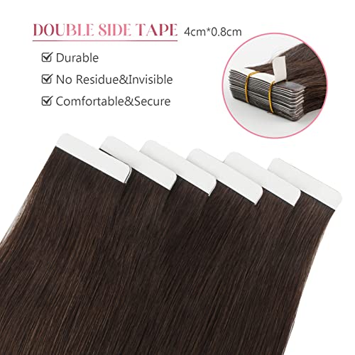Image of Sixstarhair Dark Brown Remy Tape In Hair Extensions Premium 100 Human Hair With Invisible Tape Attached Semi Permanent Hair Extensions 50g [Color 2 Dark Brown 20inch]