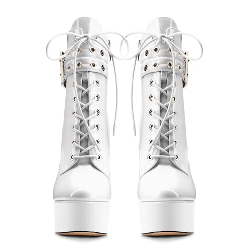 Aachcol Womens Stiletto High Heel Platform Ankle Boots Round Toe Lace-up Zipper Mid Calf Buckle Patent Leather Dress Booties White 7 M US by Aachcol - Used condition - Image 5