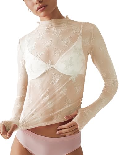 Ugerlov Women's Long Sleeve Mesh Top Mock Neck Sheer Blouse See T...