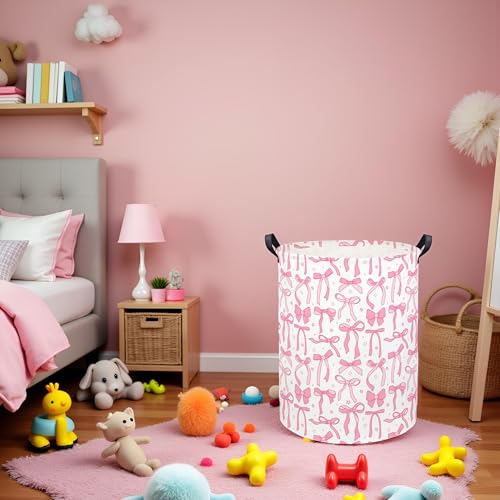 Image of Baby Laundry Basket Kids Hamper Toy Storage Bin for Boys Room Decor Baby Nursery Hamper Gift Baskets for Bedroom Bathroom(Pink Bowknot)