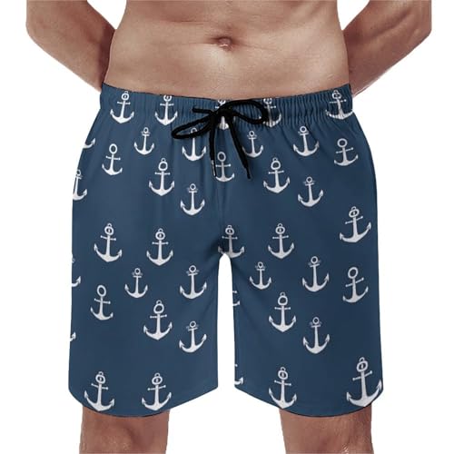 Hawaiian Shorts for Men - Comfy Anchor White Retro Print Mens Swim Trunks Bathing Suits with Mesh Lining