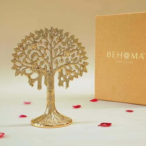 BEHOMA 100% Pure Brass Kalpvriksh Tree with Birds Set - 7 inch | Kalpavriksha Tree of Life Showpiece for Table Decor | kalpvriksha Vastu & Fengshui De