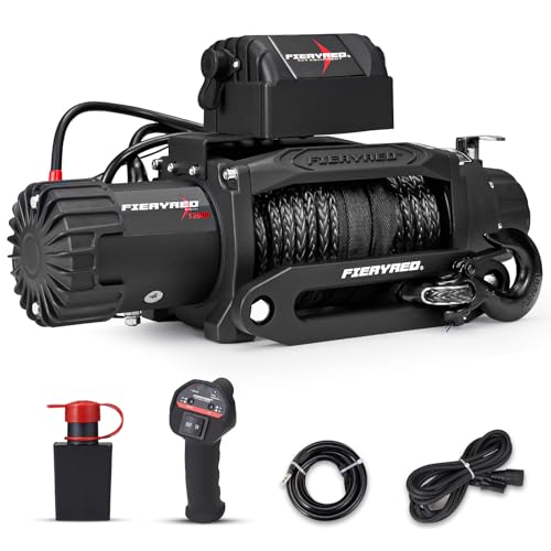 FieryRed Trailer/SUV Winch- 12 V 13000LBS Electric Winch with Synthetic Rope, Wire and Wireless Remote Control, Aluminium Fairlead, Waterproof IP67