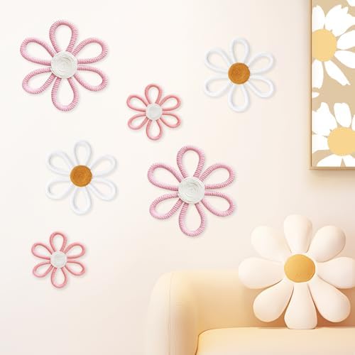 cntjv 6 Pcs Boho Daisy Wall Decor Pink Floral Macrame Wall Hangin...