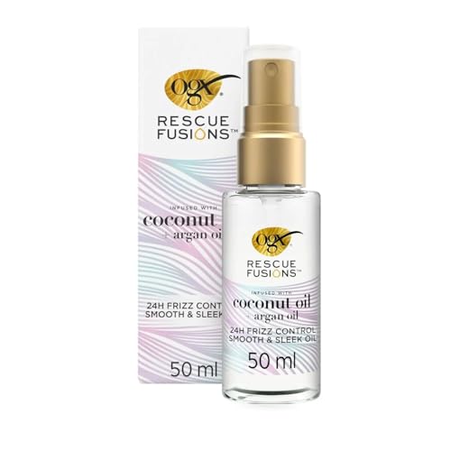OGX Olio Capelli Rescue Fusions 24H Frizz Control Smooth & Sleek Oil 50 ml, Hair oil idratante e anticrespo con Olio di Cocco, Argan del Marocco e Jojoba, Trattamento per tutti i tipi di capelli