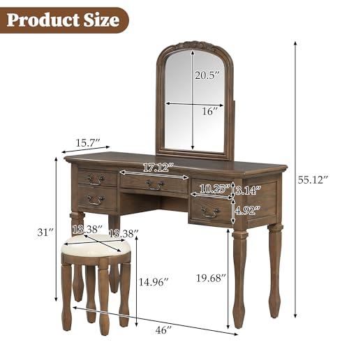 Image of JIVOIT 46 inch Vintage Makeup Vanity Table with Leather Stool, Vanity Desk with Curved Flower Frame Mirror, Dressing Table with 5 Drawers and Antique Handles, Easy Assembly