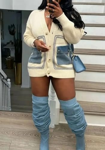 Vaceky Womens Cardigan Sweaters with Denim Pockets Oversized Button Down Open Front Chunky Sweater3