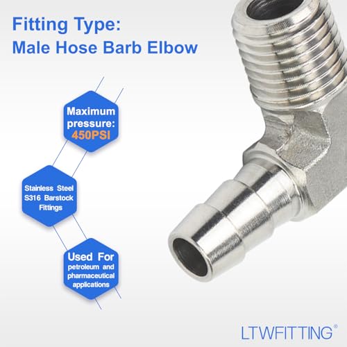 LTWFITTING 90 Degree Elbow Stainless Steel 316 Barb Fitting 5/16" ID Hose x 1/4" Male NPT Air Gas (Pack of 5) by LTWFITTING - Used condition - Image 3