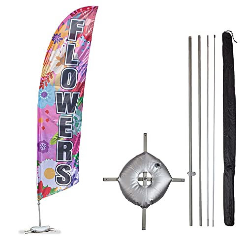 Vispronet Flowers Feather Flag Kit – 13.5ft Advertising Flag with Pole Set, Cross Base and Weight Bag, Pole Sleeve Bag – Flower Shop Banner – Weather-Resistant Knitted Polyester – Printed in the USA