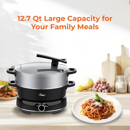 Image of Rosewill 12.7 QT Electric Hot Pot Slow Cooker with Multiple Functions, Split Design with 11.8 inch Wider Cooking Pot and SUS Steam Basket, 1600W High Power, Includes Utensils - Black