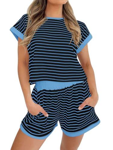 Image of Tankaneo Womens Summer 2 Piece Sets Striped Short Sleeve T Shirts and Shorts Loungewear Matching Set