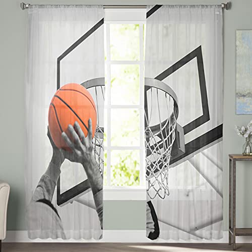 Orange Basketball Basket Dunk Sheer Curtains 63 Inch Length 2 Panels Set For Living Room/Bedroom, Grey Sky Backdrop Semi Curtain Sheers Drapes Rod Pocket Curtains Window Treatment Set 52X63X2 #TOP1
