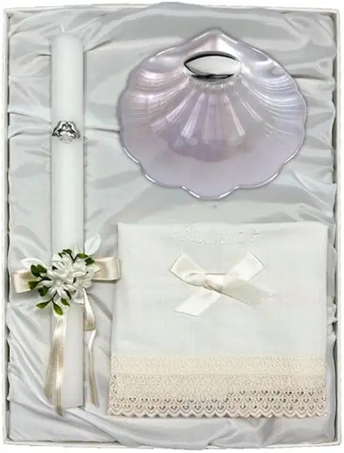 Kit Bautizo: Estuche con Vela, Paño de Lino y Concha Personalizada