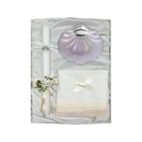 Estuche Paño de Lino, Vela y Concha Bautismo (Grabado incluido) (Concha cristal nacarado)