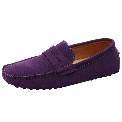 Jamron Hombres Cuero de Gamuza Penny Mocasines Comodidad Zapatos de Conducir Plano Pantuflas Morado 2088 EU44