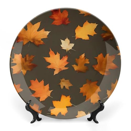 SLKMHFT 8inch Bone China Decorative Plate with Display Autumn Camoflauge Printed Ceramic Decor Plate Dinner Plates Crafts Decorative Plates for Home Hanging Decoration