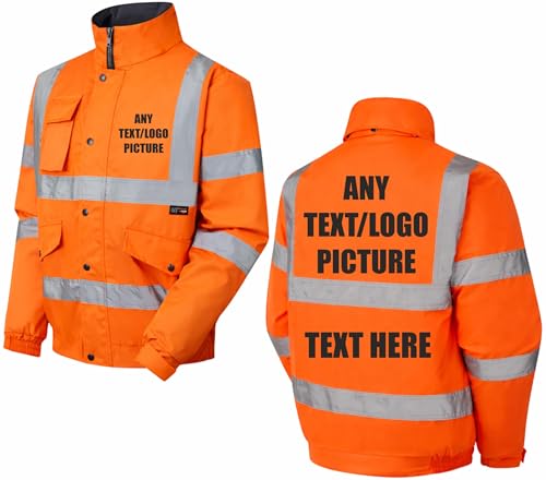 Personalised Orange Hi-Vis Safety Bomber Jacket – Customizable Workwear with Logo or Text, EN20471 Class 3 & RIS-3279-TOM Compliant Safety Jacket, Brook Hi Vis (Orange, 3XL)