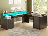 SEDETA 66" Modern L Shaped Desk with Drawers, Fluted Home Office Desk with File Cabinet & Printer Shelf, Wood Executive Desk with Monitor Stand, Power Outlets, Led Lights, Black