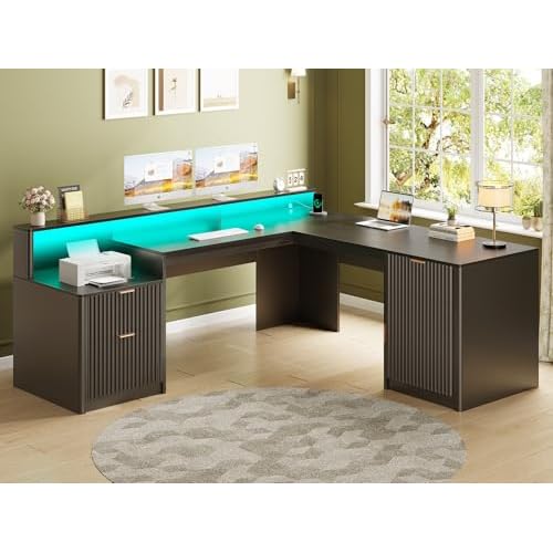 SEDETA 66" Modern L Shaped Desk with Drawers, Fluted Home Office Desk with File Cabinet & Printer Shelf, Wood Executive Desk with Monitor Stand, Power