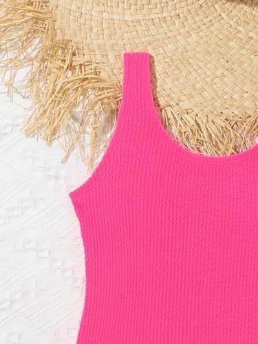 Image of MakeMeChic Girl's One Piece Bathing Suits Solid Scoop Neck Smocked Swimsuits Swimwear Hot Pink 9Y