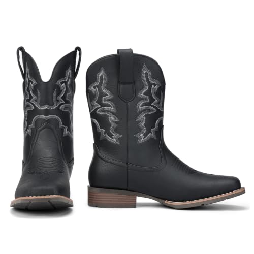 Image of Suokdil Cowboy Boots for Men - Men's Western Boots with Embroidery, Slip Resistant Square Toe Chunky Heel, Durable and Fashionable Retro Classic Footwear for Spring and Fall
