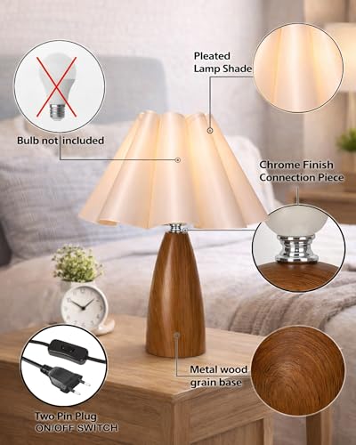 Image of Homesake Wood Grain Pattern Small Table Lamp, Desk Light, Wooden Bedroom Lamps for Nightstand, Scalloped Lamp Shade Table Lamps Small Spaces, Bedroom, Living Room, Taper Cone, (Flower Ribbon)