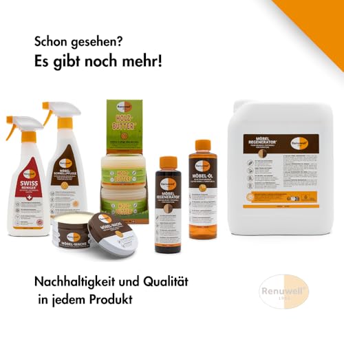 Renuwell Holz Butter, 250 ml – Intensiv-Pflege für alle Holzarten, Möbelpflege 100% natürliche Inhaltsstoffe, Lebensmittelecht, hochwertiger Holzbalsam mit Bienenwachs, Schweizer Qualität