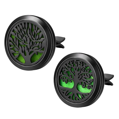 Image of KVAEY 2PCS 30mm Car Diffuser Vent Clips, Tree of Life Aromatherapy Essential Oil Diffuser Locket with 12 Felt Pads, Stainless Steel Car Diffuser Locket Air Freshener (Black)