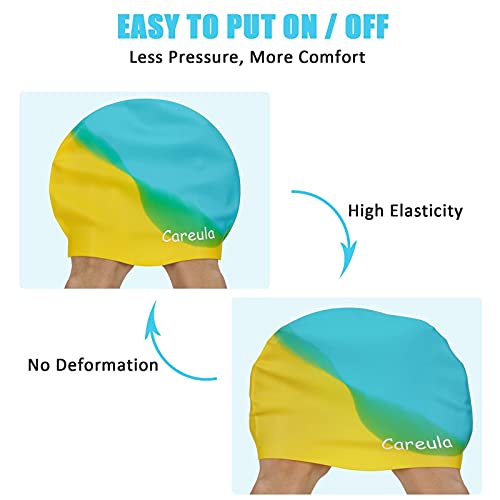 Swim Cap, 2 Pack Durable Silicone Swimming Caps for Kids Girls Boys Youths (Age 2-12), Soft 3D Ergonomic Waterproof Kids Swim Caps, Comfortable Fit for Long Hair and Short Hair by Careula - Image 5