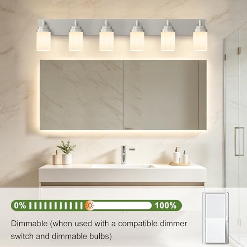Image of Bathroom Light Fixtures, Brushed Nickel Bathroom Lighting Fixtures Over Mirror, Modern Vanity Light with White Glass Shade, Restroom Lighting Fixtures, 6-Light 46-inch