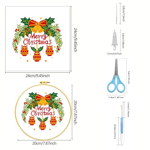 Image of Zhenqing Stamped Cross Stitch Kits for Adults Beginners, Christmas Cross Stitch Kit, 3 Pack Holiday Needlepoint Craft Set with Printed Pattern Fabric, Christmas Tree, Sleigh and Wreath Designs