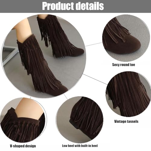 Women's Western Fringe Boots Knee High with Hidden Heel Round Toe Platform Pull On Design Suede Plush Moccasin Cowgirl Boots for Wide Calf Low Heel Comfort Fall Winter Fashion2