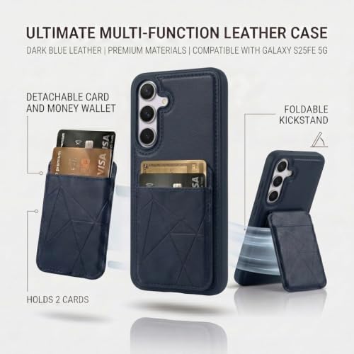 Image of amazon basics Premium Vegan Leather Back Cover with Card Holder and Integrated Mobile Stand for Samsung Galaxy S25FE 5G - Slim Shockproof Wallet Case with Geometric Stitching [Blue]