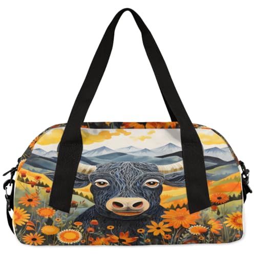 Abstract Cow Flower Field Mountains Waterproof Sports Gym Bag Portable Dance Gymnastics Work Out Bag Lightweight Travel Duffel Bag Overnight Weekender Bag2