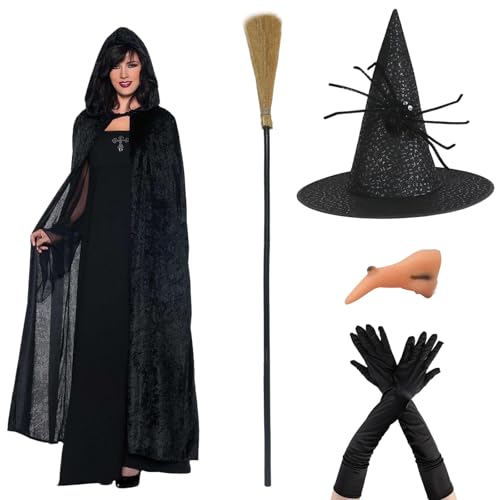 Celebration Directre Fantasia de bruxa de Halloween para mulher, chapéu de bruxa de capa preta, luvas compridas, nariz comprido, vassoura para Halloween, cosplay, vestido de fantasia