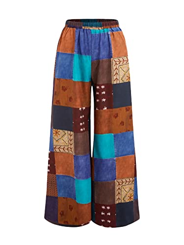 WDIRARA Women's All Over Print Patchwork Wide Leg Hippie Elastic High Waist Boho Pants