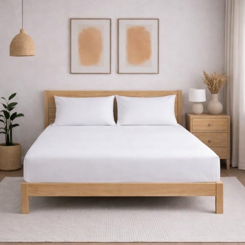 Image of THE HOME STYLE Solid Plain Cotton Feel Fitted Bedsheet King Size (72x78 inches) | 2 Pillow Covers | 300 TC | Elastic Fit | Fits Upto 8 Inch Mattress (PureCloud White)