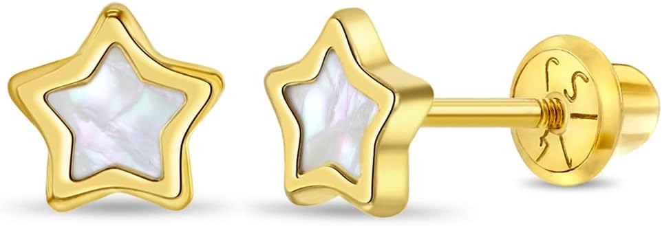 14k Yellow Gold Mother of Pearl Star Screw Back Earrings For Young Girls and Toddlers - Elegant Mother of Pearl Earrings For Children - Special Star Shaped Accessories for Kids