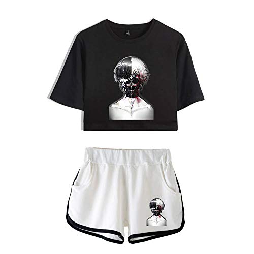 My Sky 2 Piece 3D Tokyo Ghouls Outfits for Women Crop Top and Short Pants Sets (Black-White, Medium)