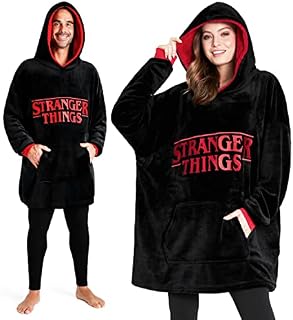 Stranger Things Blanket Hoodie for Adults Teens, Fleece Blanket Official Merchandise, (Black/Red)