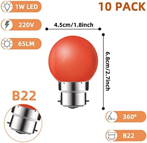 MZYOYO 10 Pack B22 Bayonet Coloured LED Light Bulbs,1W G45 Golf Ball Mini Globe Bulb,Red Yellow Blue Green Purple for Outdoor Indoor String, Christmas, Tree, Fairy Party Night Lights